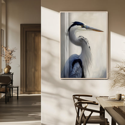 Elegant blue heron in profile with soft brush detail and neutral tones, ideal for nature-themed or coastal minimalist interiors.