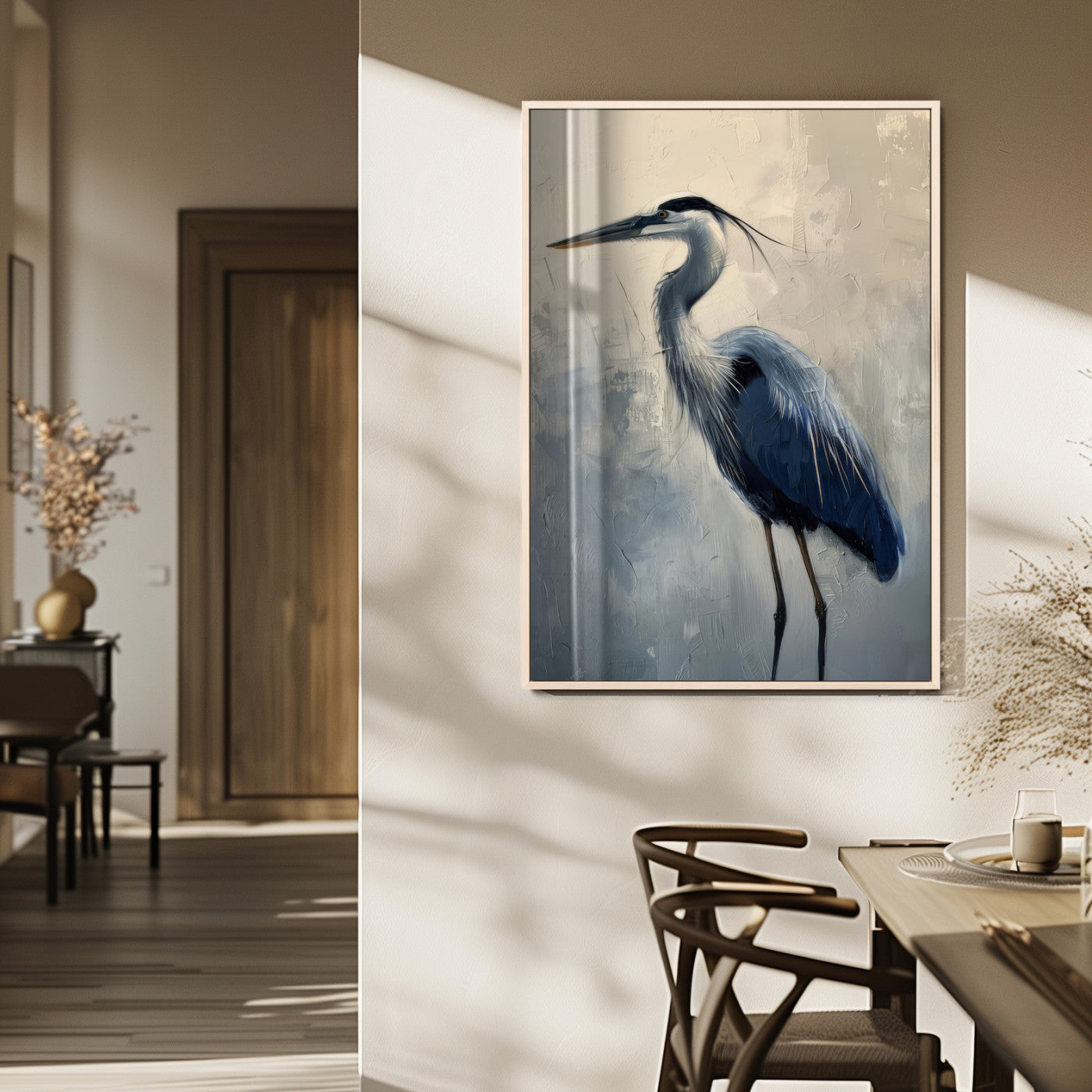 Elegant heron bird standing tall with soft brushstroke texture and muted tones, perfect for coastal or nature-themed home decor.
