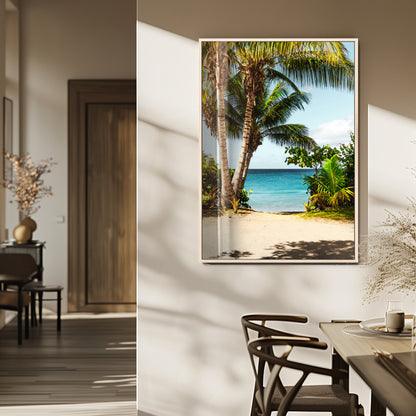 Tropical beach with palm trees, blue ocean, and clear sky, perfect for coastal or beach-themed wall decor in sunny living spaces.
