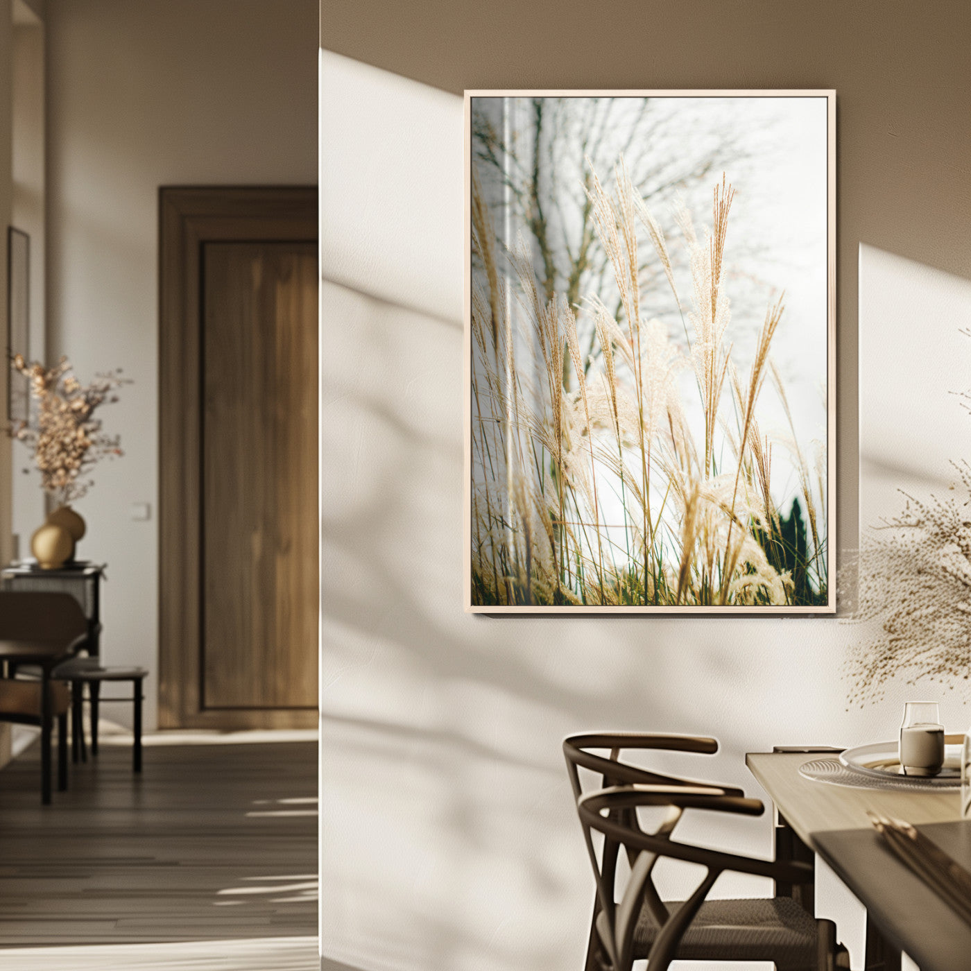 Soft beige pampas grass swaying in the breeze against a muted sky, creating a tranquil and minimalist botanical aesthetic.