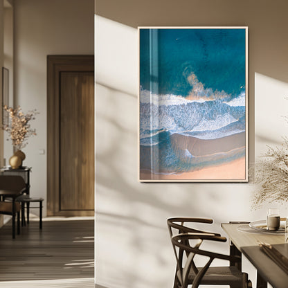 97740681-MGV-FP-48X32-3P_Natural-Aerial Beach View Wall Art Canvas Print, Framed Ocean Waves Art Picture Print, Coastal Serenity Perfect Coastal Minimalist Decor Artwork