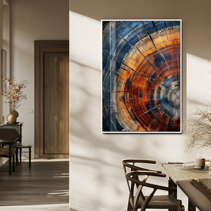 Canvas of colorful tree rings in rich blue and warm orange hues with cracked natural texture, ideal for rustic or earthy decor styles.