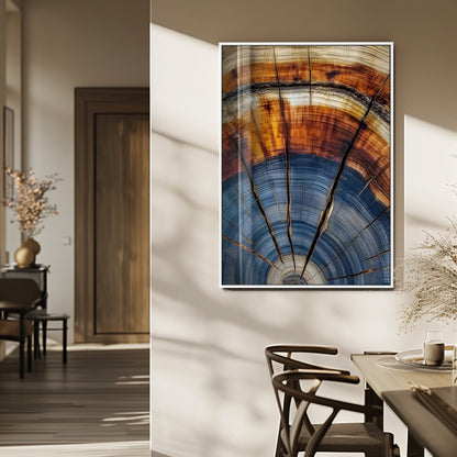 Canvas of a tree ring with bold blue and orange hues and cracked radial lines, ideal for rustic or earthy modern interiors.