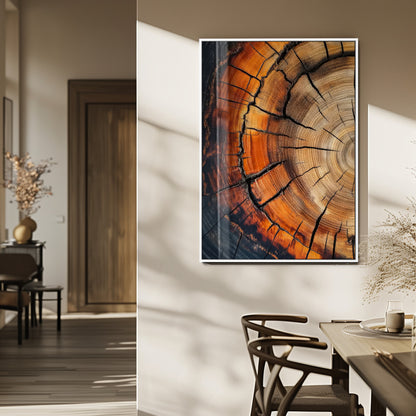 Canvas of a cracked tree ring with warm burnt orange tones and dark edges, ideal for rustic or earthy home decor themes.