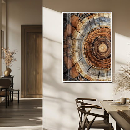 Canvas of tree rings and natural wood grain in earthy tones, ideal for rustic or vintage-inspired home decor with organic textures.