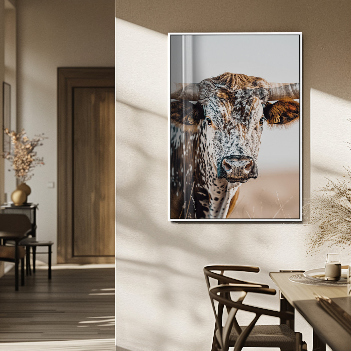 Canvas of a speckled Texas longhorn with wide curved horns and warm tones, perfect for rustic or country-style wall decor.