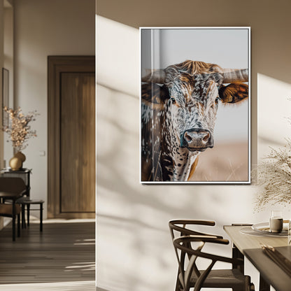 Canvas of a speckled Texas longhorn with wide curved horns and warm tones, perfect for rustic or country-style wall decor.