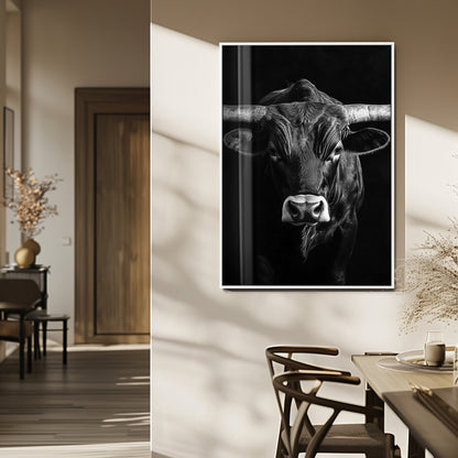 Canvas of a Texas longhorn in black and white with dramatic lighting and bold contrast, ideal for rustic or modern western wall decor.