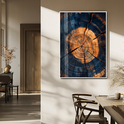 Close-up canvas of tree rings with burnt orange and deep blue tones, perfect for rustic or earthy-themed home decor.
