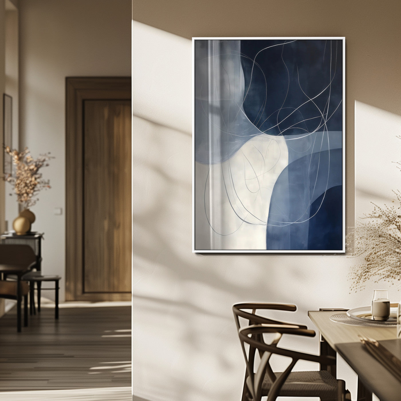 Contemporary abstract canvas with navy, grey, and white curved forms and fine line details, ideal for minimalist or modern interiors.