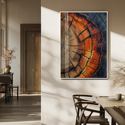 Framed canvas of burnt tree rings with rich wood texture and warm tones, ideal for rustic or earth-inspired interior decor.