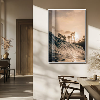 Golden sunset view of an ocean wave curling near palm trees, radiating warm tones perfect for coastal or tropical-themed decor.