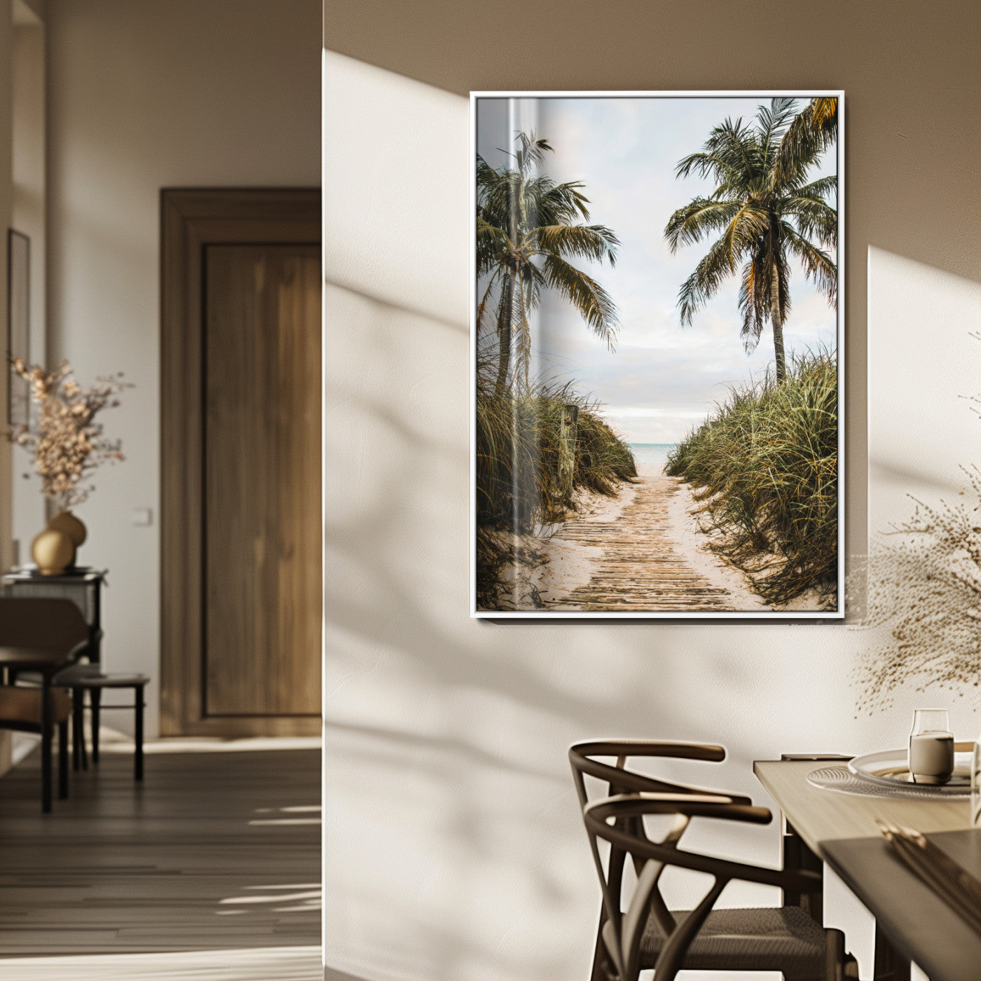 Canvas wall art of a tropical beach path with palm trees and dune grass, ideal for coastal entryways or tropical-inspired home decor.