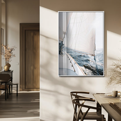 Canvas of a sailboat gliding on a sunlit ocean with white sails and sparkling water, ideal for coastal minimalist or nautical-style home decor.