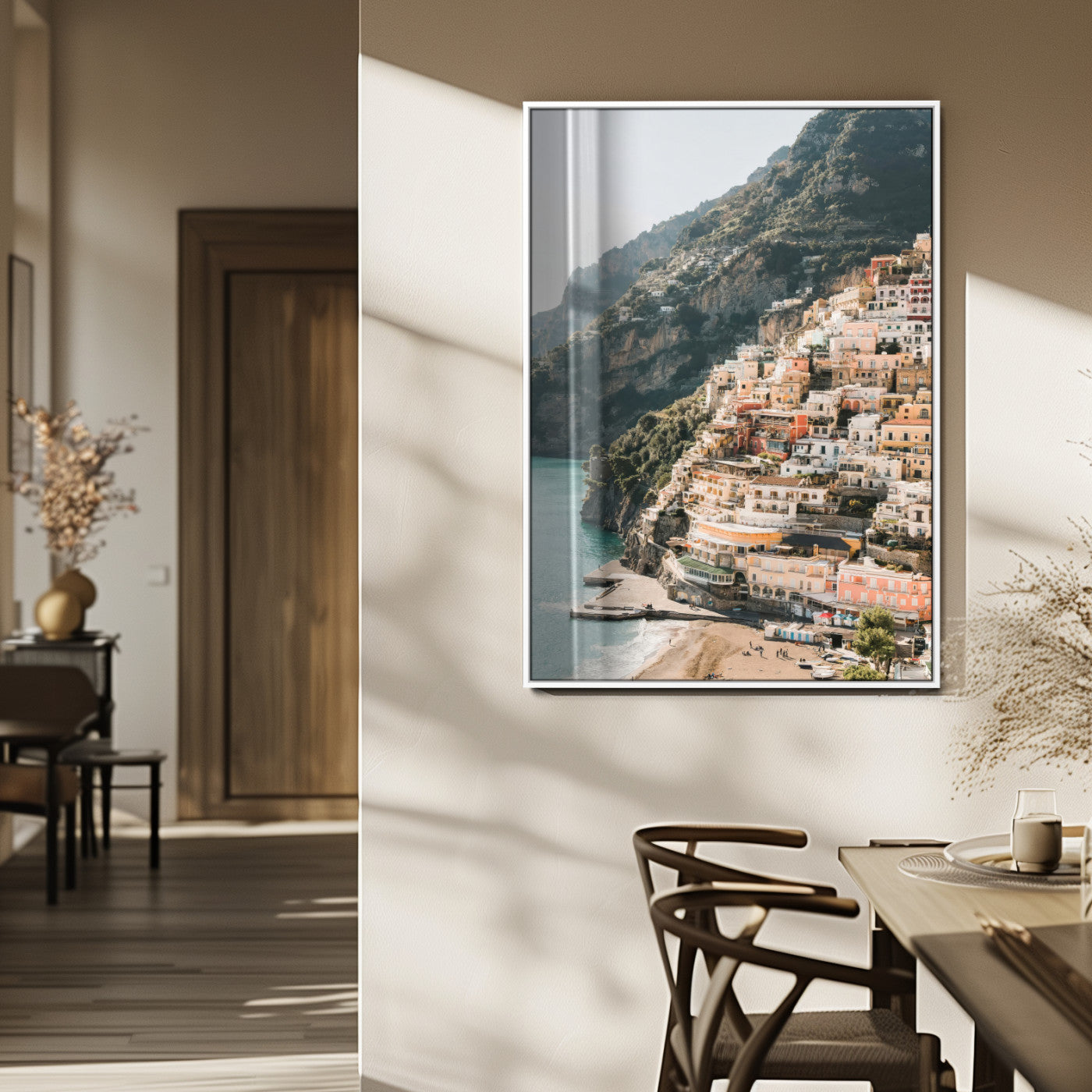 Canvas of colorful cliffside homes in Positano along the Amalfi Coast with warm tones, perfect for Mediterranean coastal or European-inspired home decor.