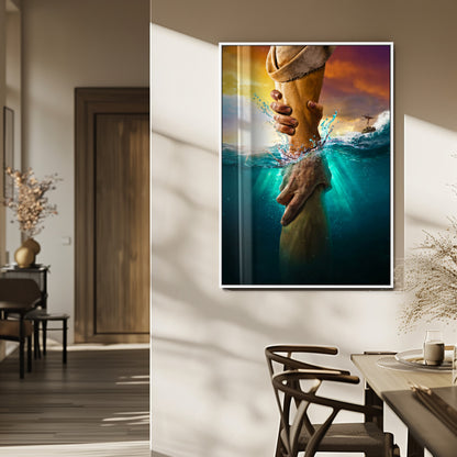 A dramatic scene of a hand reaching underwater and being lifted, symbolizing rescue and faith, ideal for spiritual or Christian wall decor.