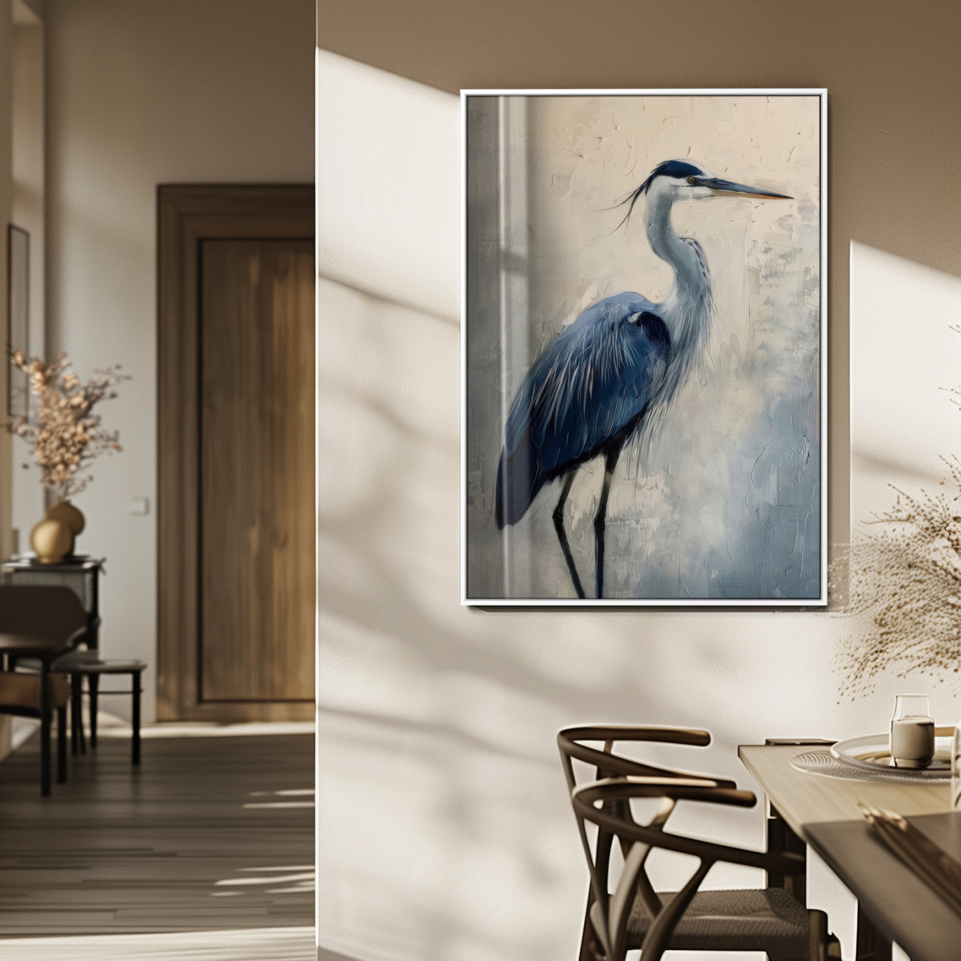 Blue heron standing gracefully on one leg, painted in soft neutrals and cool tones, perfect for modern coastal or nature-inspired decor.
