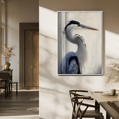 Elegant blue heron in profile with soft brush detail and neutral tones, ideal for nature-themed or coastal minimalist interiors.