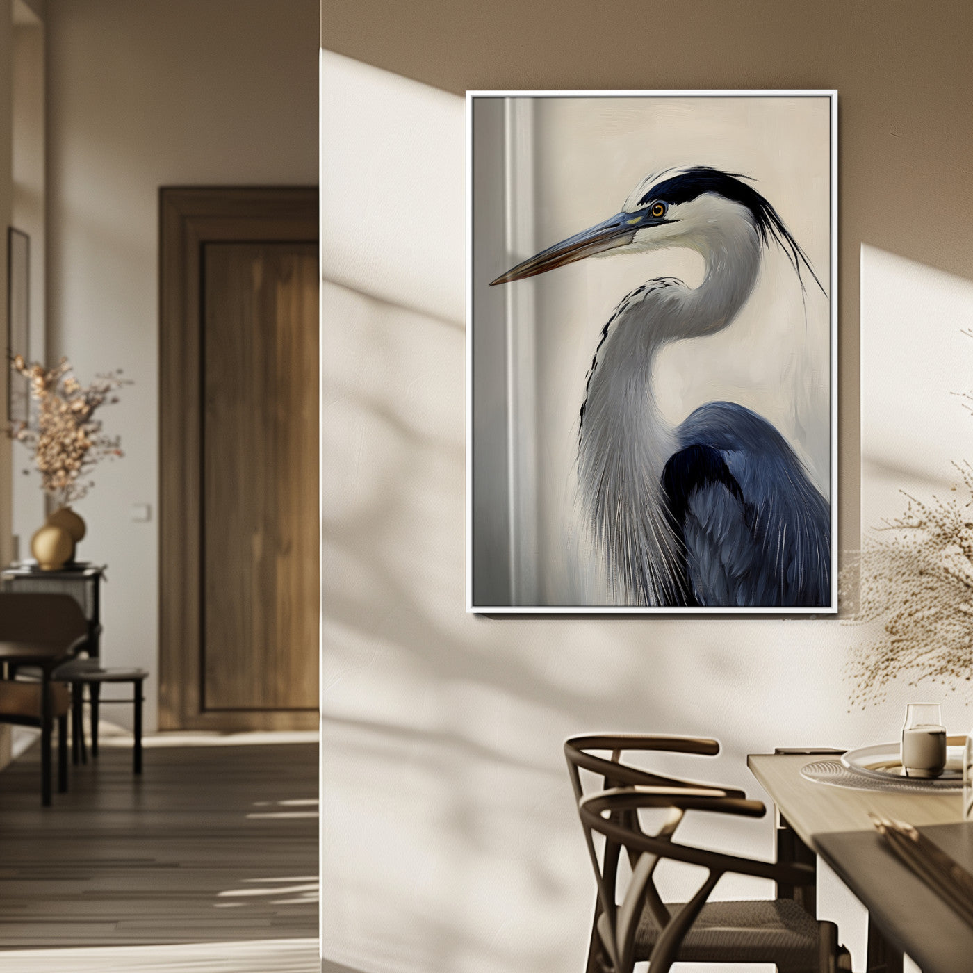 Single blue heron in profile with soft feathers and neutral tones, ideal for tranquil, coastal or nature-inspired interior settings.