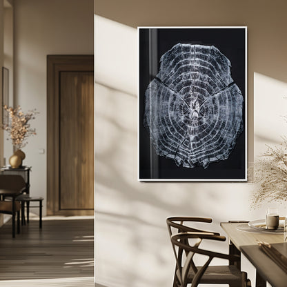 Monochrome tree ring cross-section on black background, showing detailed growth lines, perfect for modern rustic or minimalist interiors. (