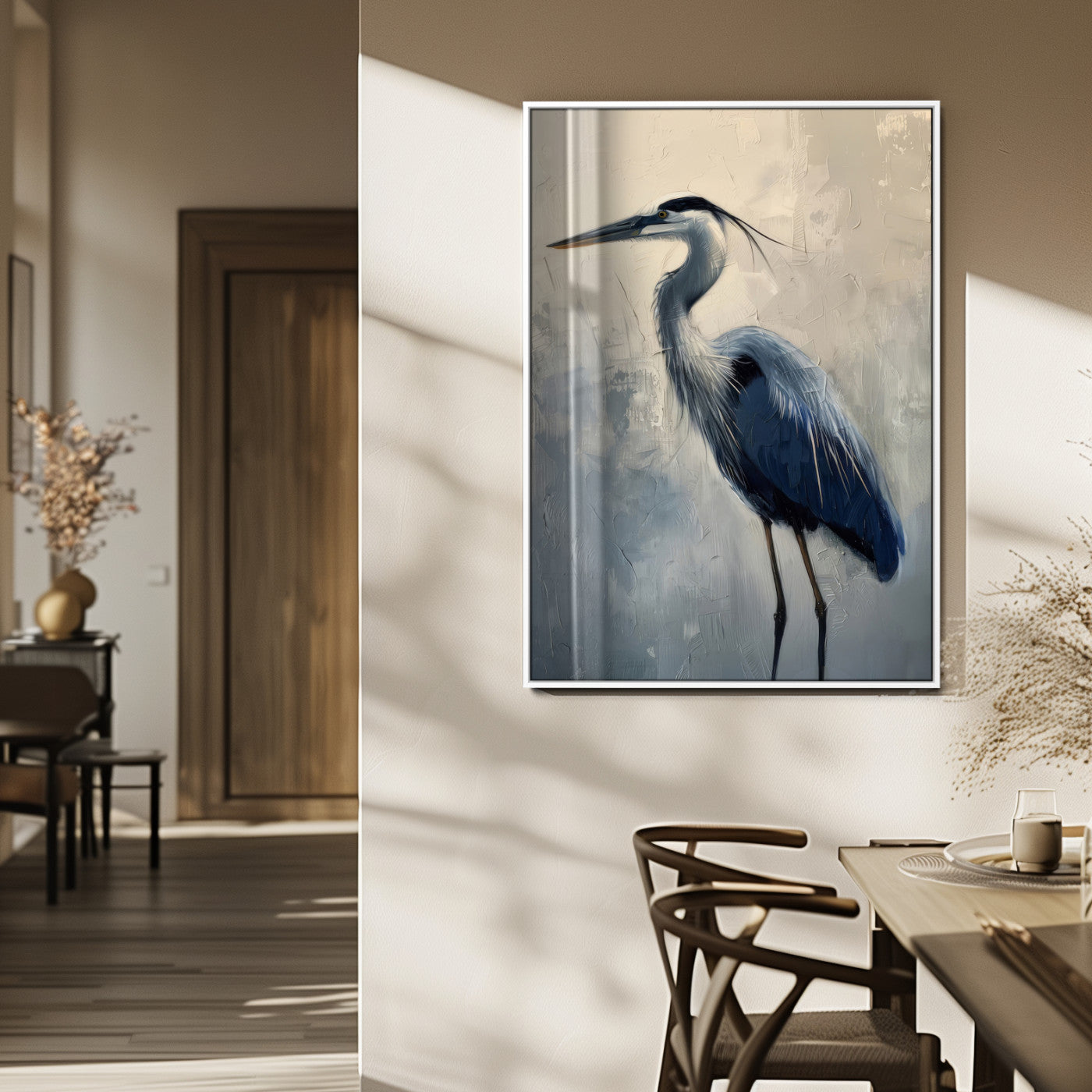 Elegant heron bird standing tall with soft brushstroke texture and muted tones, perfect for coastal or nature-themed home decor.