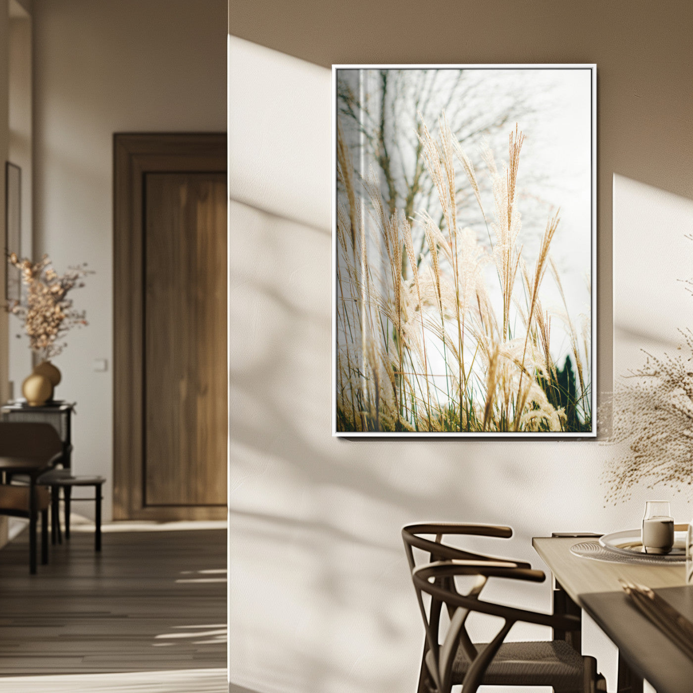 Soft beige pampas grass swaying in the breeze against a muted sky, creating a tranquil and minimalist botanical aesthetic.