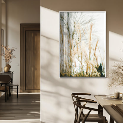 Soft beige pampas grass swaying in the breeze against a muted sky, creating a tranquil and minimalist botanical aesthetic.