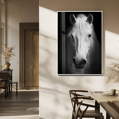 Large Wall Art White Horse on Black Background Canvas Print