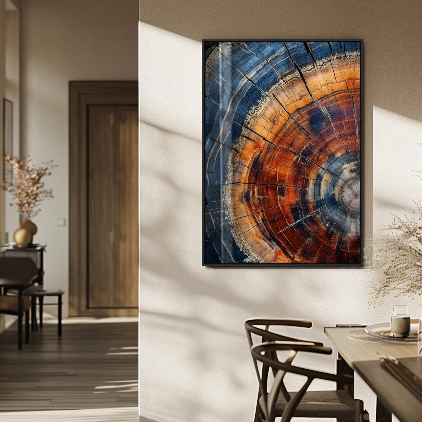 Canvas of colorful tree rings in rich blue and warm orange hues with cracked natural texture, ideal for rustic or earthy decor styles.