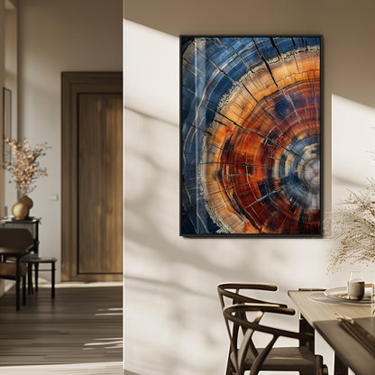 Canvas of colorful tree rings in rich blue and warm orange hues with cracked natural texture, ideal for rustic or earthy decor styles.
