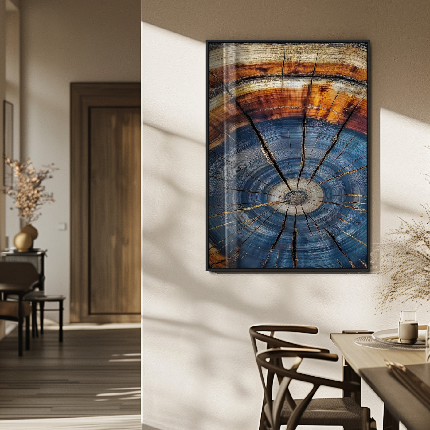 Canvas of a tree ring with bold blue and orange hues and cracked radial lines, ideal for rustic or earthy modern interiors.
