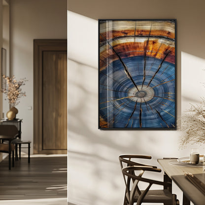 Canvas of a tree ring with bold blue and orange hues and cracked radial lines, ideal for rustic or earthy modern interiors.