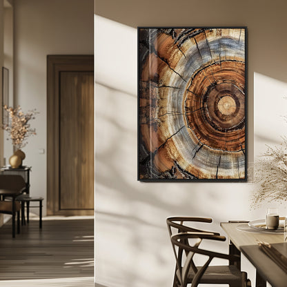 Canvas of tree rings and natural wood grain in earthy tones, ideal for rustic or vintage-inspired home decor with organic textures.