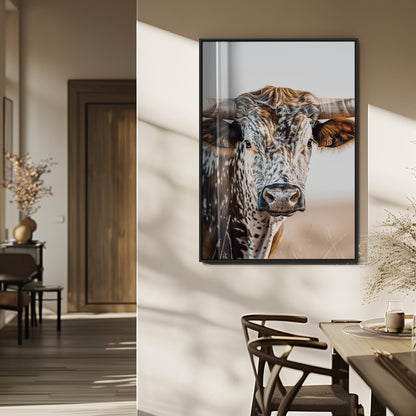 Canvas of a speckled Texas longhorn with wide curved horns and warm tones, perfect for rustic or country-style wall decor.