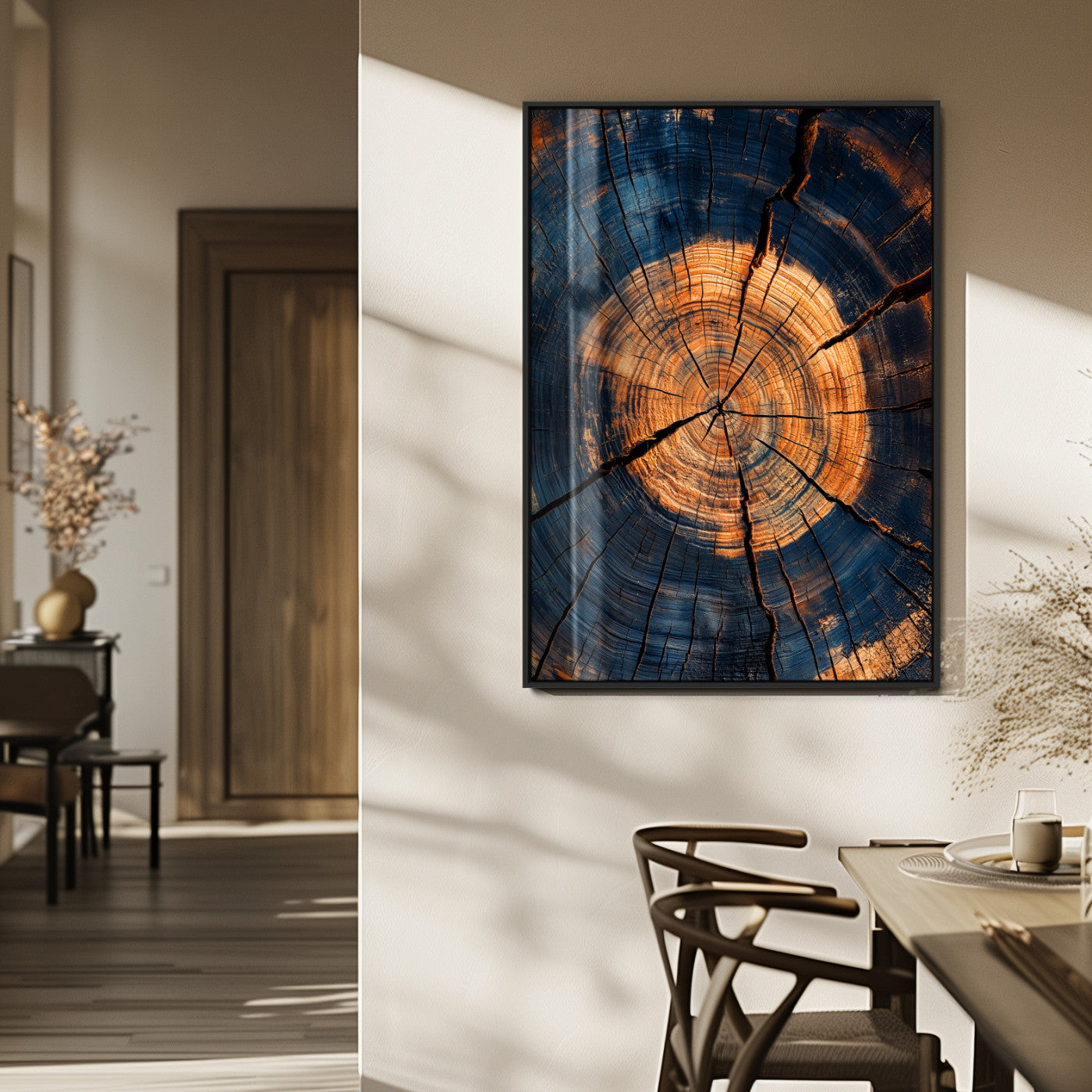 Close-up canvas of tree rings with burnt orange and deep blue tones, perfect for rustic or earthy-themed home decor.