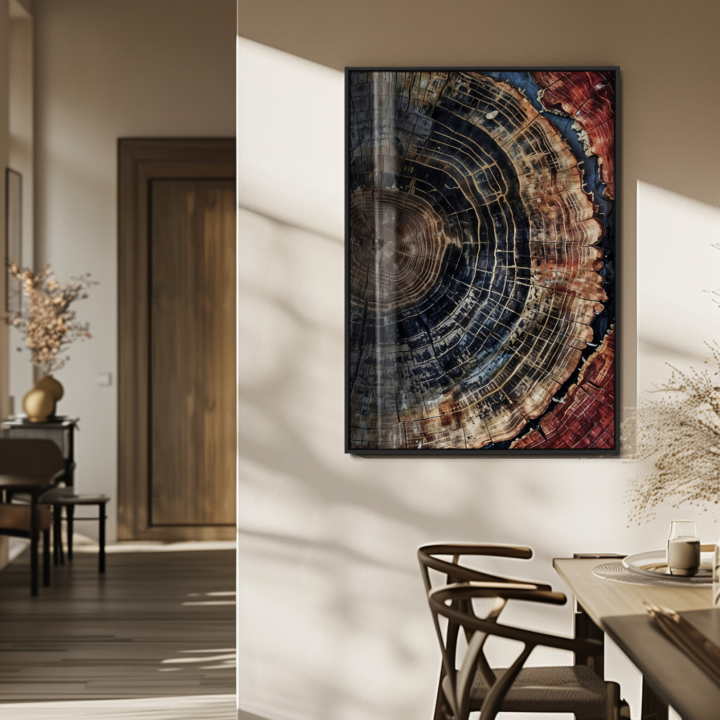 Rustic canvas featuring detailed tree rings and dark earthy tones, ideal for moody wood or organic nature-inspired home decor.