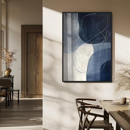 Contemporary abstract canvas with navy, grey, and white curved forms and fine line details, ideal for minimalist or modern interiors.