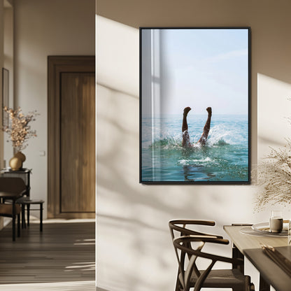 Vibrant ocean canvas of a playful diving splash, ideal for coastal or beach-themed interiors with a lively summer vibe.