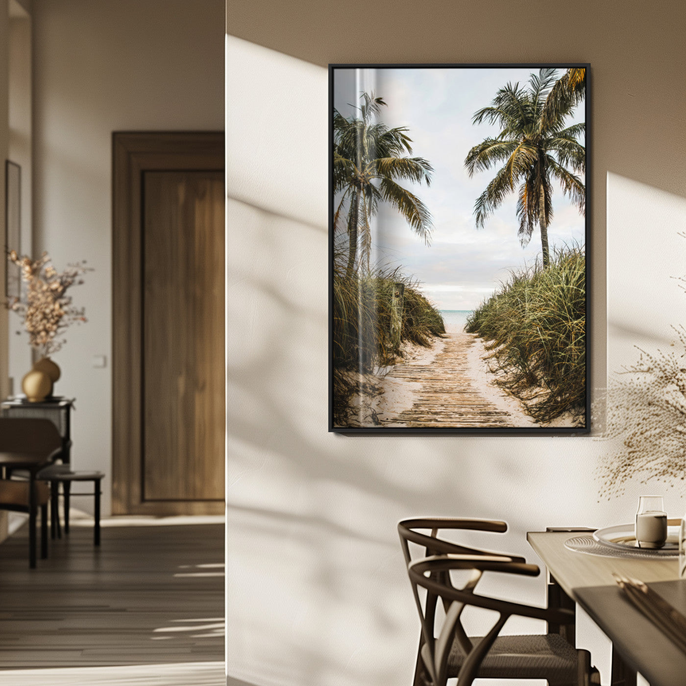 Canvas wall art of a tropical beach path with palm trees and dune grass, ideal for coastal entryways or tropical-inspired home decor.