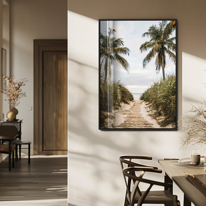 Canvas wall art of a tropical beach path with palm trees and dune grass, ideal for coastal entryways or tropical-inspired home decor.