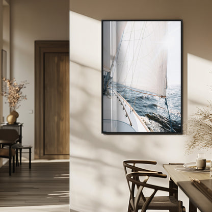 Canvas of a sailboat gliding on a sunlit ocean with white sails and sparkling water, ideal for coastal minimalist or nautical-style home decor.
