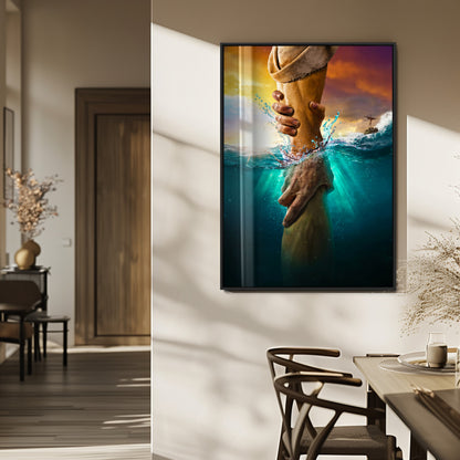 A dramatic scene of a hand reaching underwater and being lifted, symbolizing rescue and faith, ideal for spiritual or Christian wall decor.