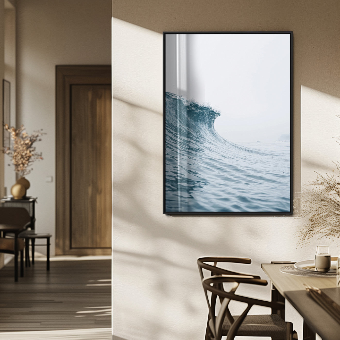 A single ocean wave curling in soft blue tones under a misty sky, ideal for coastal or minimalist home wall decor.