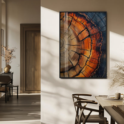 Close-up of a vibrant tree ring cross-section with orange and blue tones, ideal for rustic or boho-style interior decor.