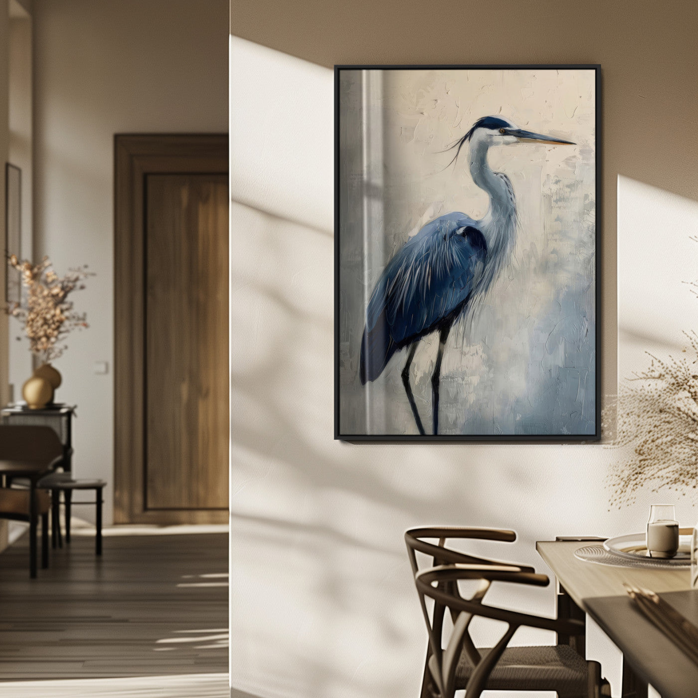 Blue heron standing gracefully on one leg, painted in soft neutrals and cool tones, perfect for modern coastal or nature-inspired decor.