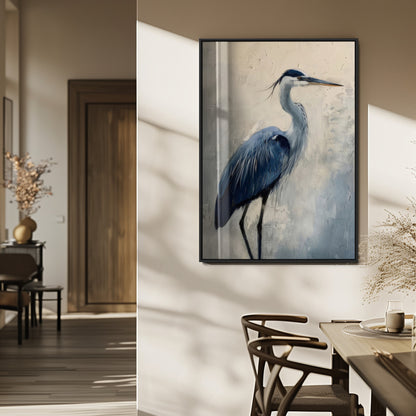 Blue heron standing gracefully on one leg, painted in soft neutrals and cool tones, perfect for modern coastal or nature-inspired decor.