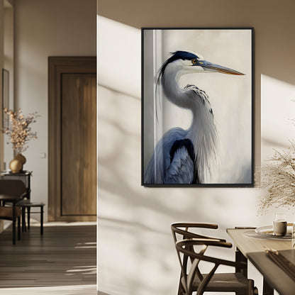 Elegant blue heron in profile with soft brush detail and neutral tones, ideal for nature-themed or coastal minimalist interiors.