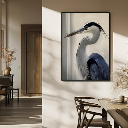 Single blue heron in profile with soft feathers and neutral tones, ideal for tranquil, coastal or nature-inspired interior settings.