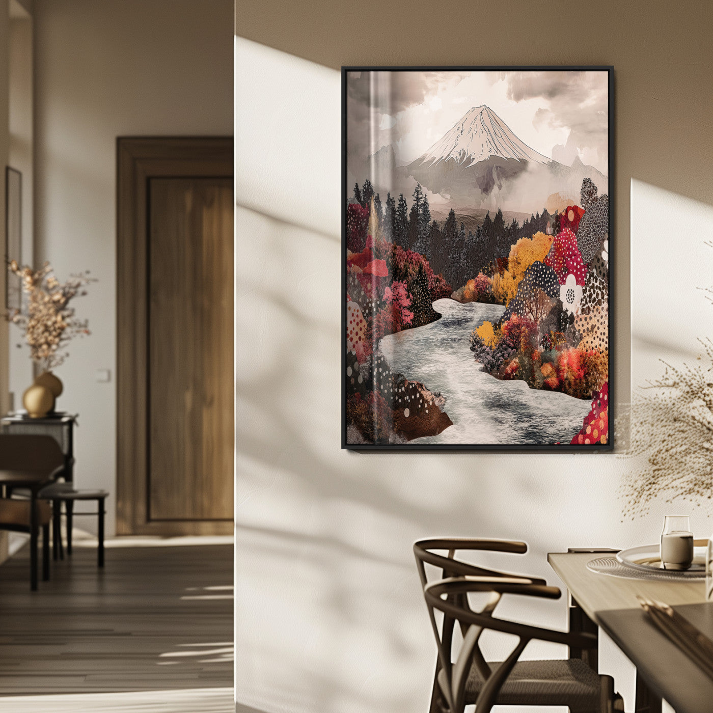 A fantasy-style mountain landscape with a winding river, floral autumn trees, and misty sky, perfect for cozy or cottagecore interiors.