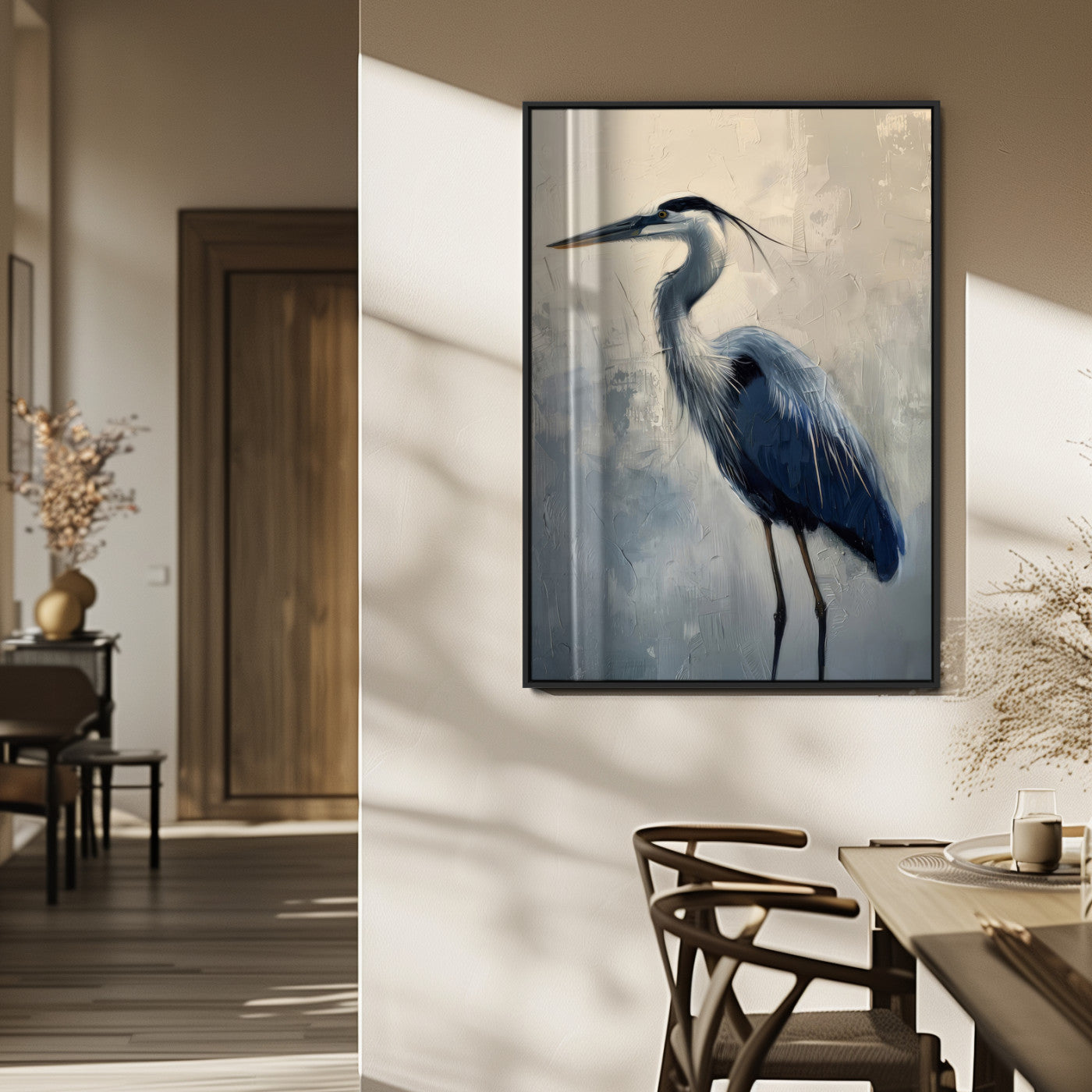 Elegant heron bird standing tall with soft brushstroke texture and muted tones, perfect for coastal or nature-themed home decor.